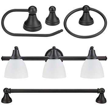 Globe Electric Jayden 5-Piece All-In-One Bath Set, Exclusive 3-Light Vanity, Towel Bar, Toilet Paper Holder, Towel Ring, Robe Hook, Oil Rubbed Bronze Finish, Frosted Glass Shades, 51227