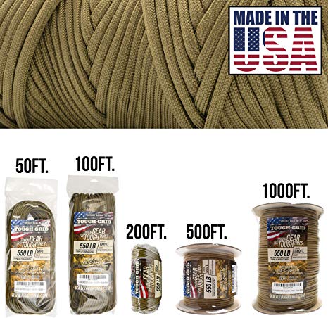 TOUGH-GRID 550lb Paracord/Parachute Cord - 100% Nylon Genuine Mil-Spec Type III Paracord Used by The US Military - (MIL-C-5040-H) - Made in The USA. 100Ft.