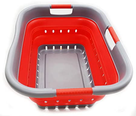 SAMMART Collapsible Plastic Laundry Basket - Foldable Pop Up Storage Container/Organizer - Portable Washing Tub - Space Saving Hamper/Basket (3 Handled Rectangular, Grey/Red)