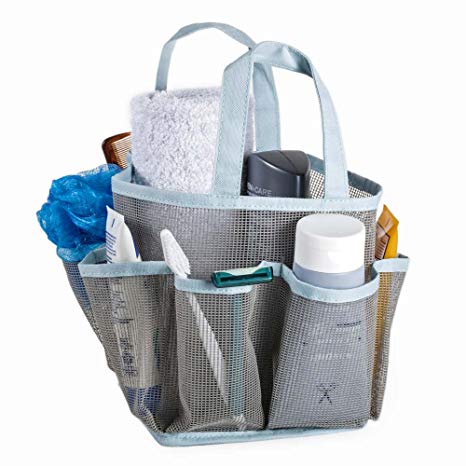 Mesh Portable Shower Tote and Caddy - Multiple Colors Available. Perfect For Dorm, Gym, Bath with Handles. Fast Drying, Gray with Aqua Trim