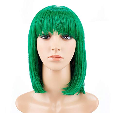 BeliHair 14" Green Short Straight Bob Wigs with Bangs for Women Girls Synthetic Costume Hair Wig for Cosplay party(Like Hero Polaris in The Gifted) Free Wig Cap
