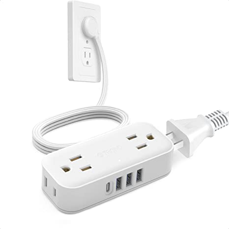 Ultra Flat Plug Power Strip - TROND Extension Cord 5Ft with 4 AC Outlets and 4 USB Ports (1 USB-C Port) Right-Angled Plug Desktop Charging Station for Cruise Ship Travel Home Dorm Room Office White