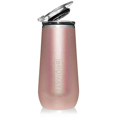 BrüMate 12oz Insulated Champagne Flute With Flip-Top Lid - Made With Vacuum Insulated Stainless Steel (Glitter Rose Gold)