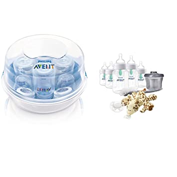 Philips Avent Infant Feeding Basic Bundle with Anti-Colic Baby Bottle with AirFree Vent Beginner Gift Set   Microwave Steam Sterilizer