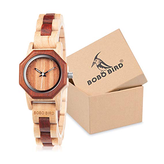 BOBO BIRD Women’s 27MM Handmade Wooden Watch Exquisite Lightweight Wristwatch Natural Red Sandalwood with Bracelet Clasp Watches with Gift Box