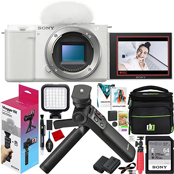 Sony ZV-E10 Mirrorless Alpha Interchangeable Lens Camera Body Vlogger Kit ILCZV-E10/W White Bundle with ACCVC1 Including GP-VPT2BT Grip   Deco Gear Photography Case   Extra Battery & Accessories Kit