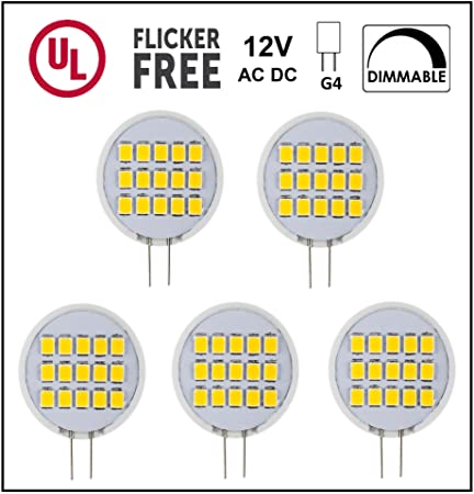 CBconcept UL Listed, SidePin G4 LED Light Bulb, 5 Pack, 1.8 Watt, Dimmable,220 Lumen, Warm White 3000K, 180 Degree Beam Angle, 12 Volt, 20W Equivalent, G4 Bi Pin Base Halogen Replacement Bulb