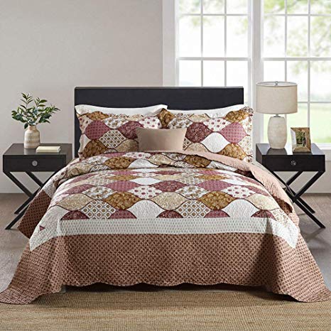 NEWLAKE Quilt Bedspread Sets-Checkered Floral Reversible Coverlet Set,Queen Size
