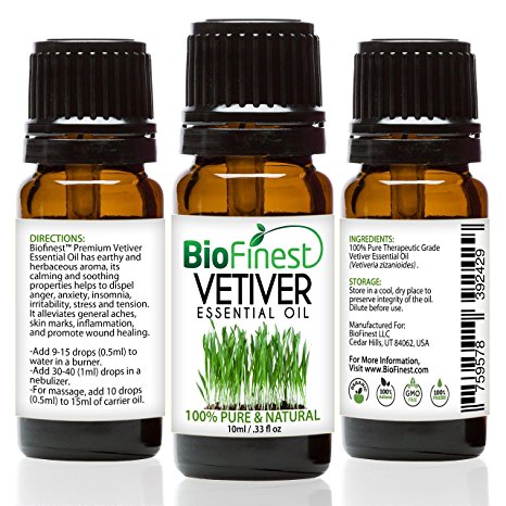 Biofinest Vetiver Essential Oil - 100% Pure Undiluted - Premium Organic - Therapeutic Grade - Aromatherapy - Promote Sleep - Best to Reduce Inflammation - FREE E-Book (10ml)