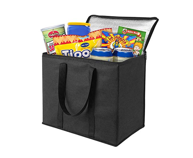 1 Pack Insulated Reusable Grocery Bag by VENO, Durable, Heavy Duty, Extra Large Size, Stands Upright, Collapsible, Sturdy Zipper, Made by Recycled Material, Eco-Friendly (BLACK, 1)