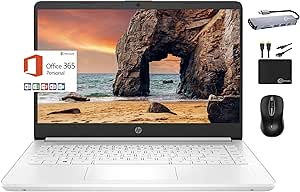 HP Newest 14" HD Portable Laptop Student Business, Quad-Core Intel N4120, 4GB RAM, 128GB (64GB eMMC 64GB Card), Webcam, Wi-Fi, Long Battery, Windows 11S   1 Year Office 365 MarxsolAccessory, White