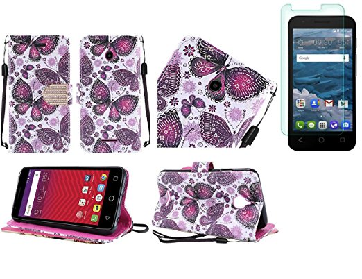 Tempered Glass PU Leather Flip Wallet Case Cover w/Card Storage and Strap for Alcatel Dawn / Ideal / Acquire / Onetouch Pixi Bond / One Touch PIXI Avion LTE Phone (Violet Butterfly)