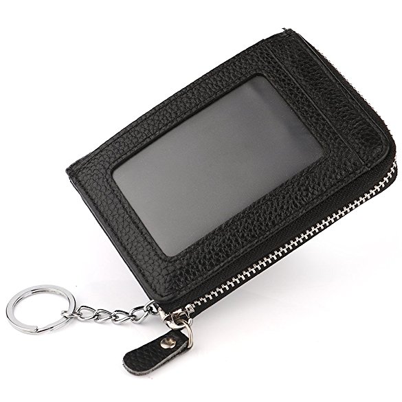 Genuine Leather Small Zip Coin Purse Keychain Wallet with ID Window for Women and Men