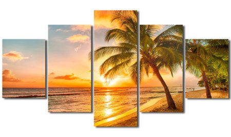 DZL Art S16139 Canvas Print For Home DecorationFramedReady to Hang-40quotW x 20quotH by 5 panels Sunset Seascape Coco Beach Modern Painting Wall Art Picture Print on Canvas