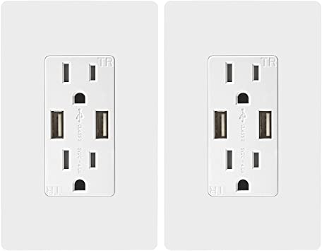 TOPGREENER 4A High Speed USB Wall Outlet, 15A Tamper-Resistant Receptacles, Compatible with iPhone XS/MAX/XR/X/8/7, Samsung Galaxy S9/S8/S7, LG, HTC & other Smartphones, UL Listed, TU2154A, 2 Pack