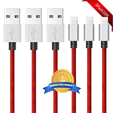 BULESK iPhone Cable 3Pack 10FT Nylon Braided Certified Lightning to USB iPhone Charger Cord for iPhone 7 Plus 6S 6 SE 5S 5C 5, iPad 2 3 4 Mini Air Pro, iPod - Red