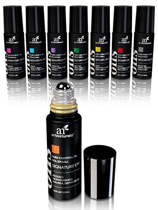 ArtNaturals Essential Oils Rollerball Blends - (8 x .33 Fl Oz / 10ml Roller Bottles) - Aromatherapy Roll On Gift Set - Jojoba Oil - Sleep and Stress – Signature 2018 Collection