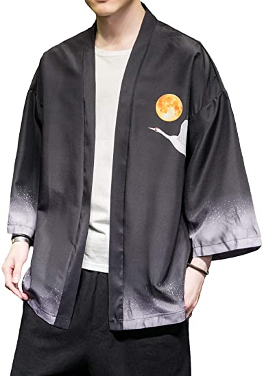 PRIJOUHE Men's Japanese Kimono Cardigan Jackets Casual Long Sleeve Open Front Coat Lightweight Yukata Outwear