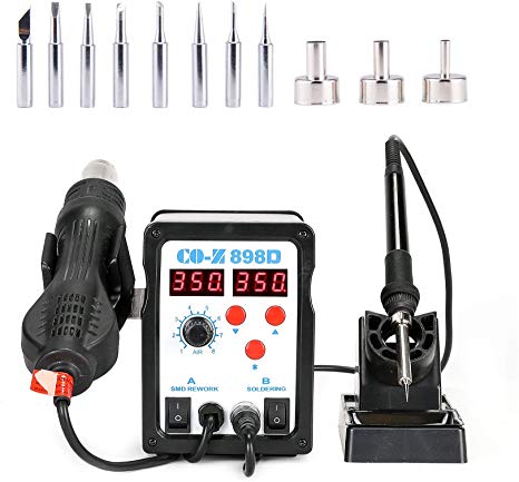 CO-Z 2 in 1 SMD Soldering Iron & Hot Air Rework Station with LED Display, 898D Soldering Kit with Heat Gun, Digital Electronic Repair Tool with 11pcs Soldering Tips