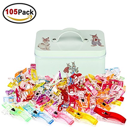 GeMoor 105Pack Multicolor Wonder Clips with Tin Box as Faric Clips, Sewing Clips, Quilting Clips, Binding Clips, Holding Paper and More ---100% Money back Guarantee