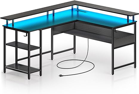 Rolanstar Computer Desk 56.7" with LED Lights and Power Outlets, Carbon Fiber Surface, Reversible L Shaped Gaming Desk with Monitor Stand, Office Desk with Storage, Desk with USB Port and Hook