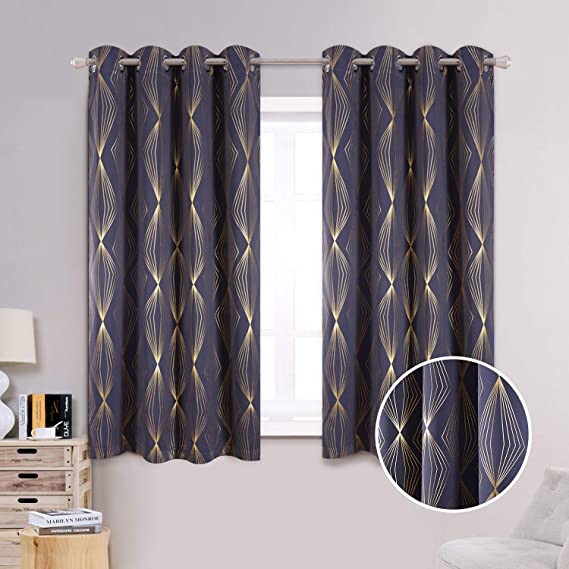 Anjee Blackout Curtains for Bedroom with Foil Printed Golden Geometric Pattern, Thermal Insulated Window Drapes for Light Blocking, 52 x 63 Inches Navy Blue