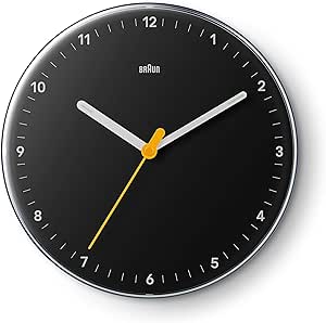 Braun Classic Analogue Wall Clock with Silent Sweeping Quartz Movement, Easy to Read, 23cm Diameter in Black, Model BC26B.