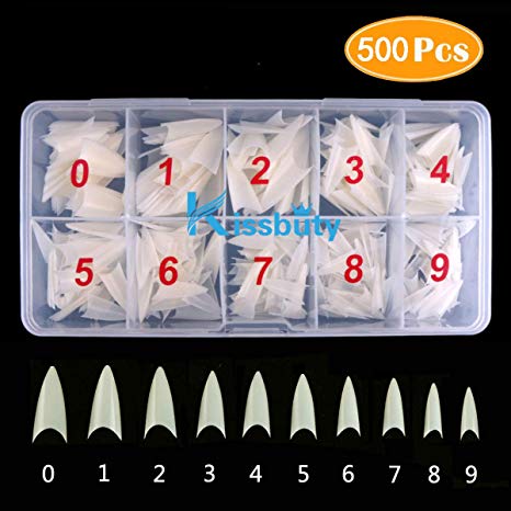 Kissbuty 500 Pcs Stiletto Nail Tips Natural Sharp Ending False Acrylic Nail Art Tips 10 Sizes with Box Perfect Length for Nail Salons and DIY Nail Art at Home (Natural Stiletto Nail Tips)