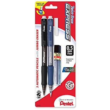 Pentel Twist-Erase EXPRESS Automatic Pencil with Lead and Eraser, 0.5mm, Assorted Barrels, 2 Pack (QE415LEBP2)