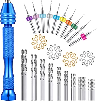 Precise Hand Drill Set, Include Pin Vise Hand Drill, 25 Pieces Micro Twist Drill Bits, 10 Pieces PCB Mini Drill Bits and 40 Pieces Eye Screw Pins for Resin Plastic Wood Keychain Pendant Jewelry Making