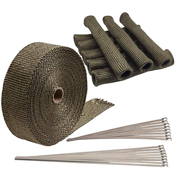 LEDAUT 2" x 50' Titanium Exhaust Heat Wrap Roll and 8cyl Titanium Spark Plug Boot Protector Sleeve with Stainless Ties for Car Motorcycle Fiberglass Heat Shield Spark Plug Wire