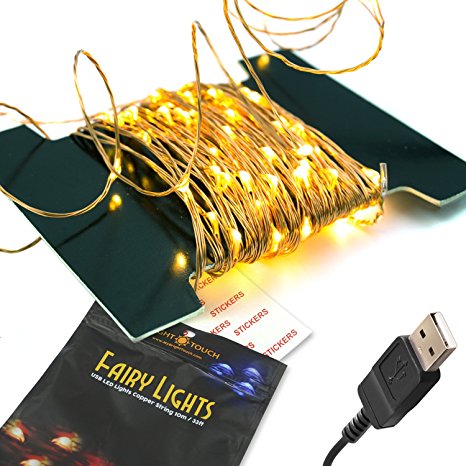 100 LED Fairy Lights - Copper Wire, Glimmer String, Indoor/Outdoor, USB 33 Ft/10M (Warm White)
