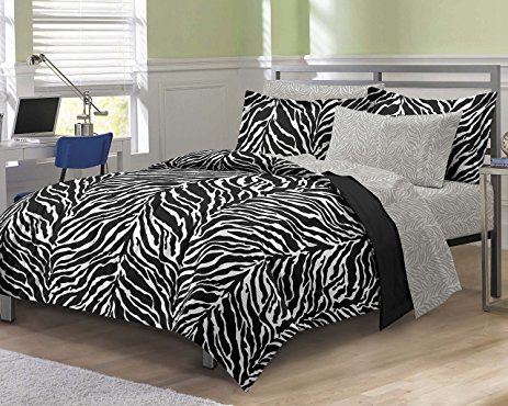 My Room Zebra Ultra Soft Microfiber Comforter Sheet Set, Black, Queen