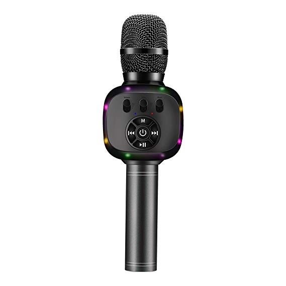 BONAOK Upgraded Wireless Bluetooth Karaoke Microphone with Dual Sing, LED Lights, Portable Handheld Mic Speaker Machine for iPhone/Android/All Smartphones, Outdoor, Birthday, Home, Party(Space Grey)