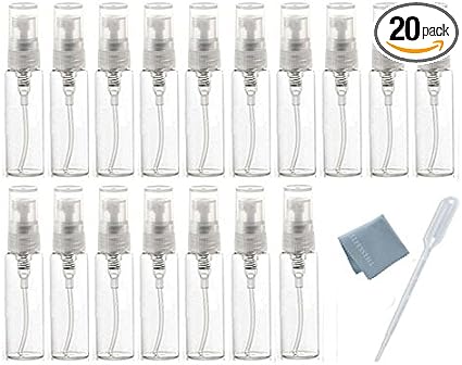 Elfenstal- 20pcs Empty 10ml Clear Fine Mist Atomizer Glass Bottle Spray Refillable Perfume Empty Bottle Glass Clean Cloth for Travel Party Portable Makeup Tool   Free 3ml Pipette