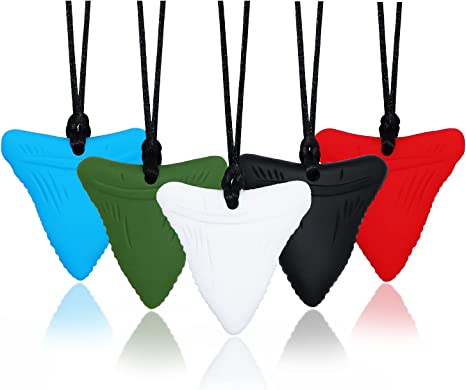 Sensory Chew Necklaces for Kids, Shark Tooth Silicone Chewy Necklace 5 Pack for Autism/ADHD/SPD, Autism Sensory Toys Reduce Chewing Fidgeting for Boys Girls Adults Chewer