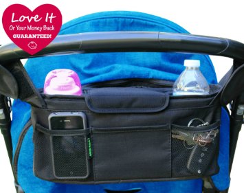 Sale Stroller Organizer Bag- Highest Quality 9733 Fits Britax City Mini Bob Uppababy Umbrella and most others - New Larger Insulated Drink Holders - Keeps Phone Keys Drinks Wipes Within Arms Reach