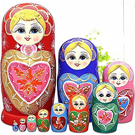 LK King&Light 10pcs R Heart-Shaped Pattern Wooden Nesting Toys Russian Dolls Matryoshka Stacking Dolls