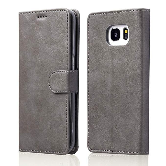 ZTOFERA Leather Case for Samsung Galaxy S7,Ultra Slim [Magnetic Closure] Retro Vintage TPU Folio Flip Wallet Stand with [Card Slots] Case for Samsung Galaxy S7 - Grey