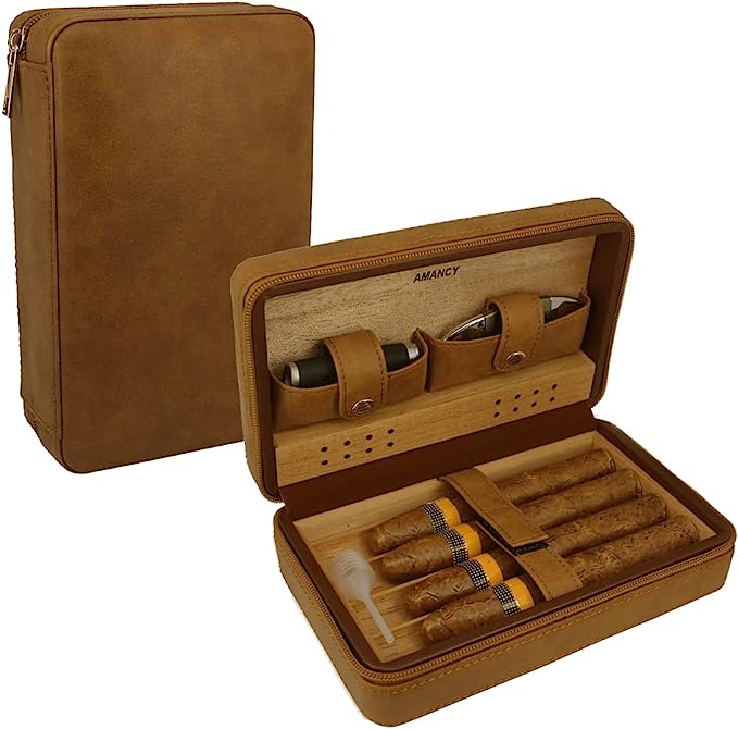 AMANCY Durable Travel Cedar Wood Lined 4 Cigar Humidor Case，Beautiful Black Brown Leather Cigar Storage Box with Cutter and Lighter Accessory Set