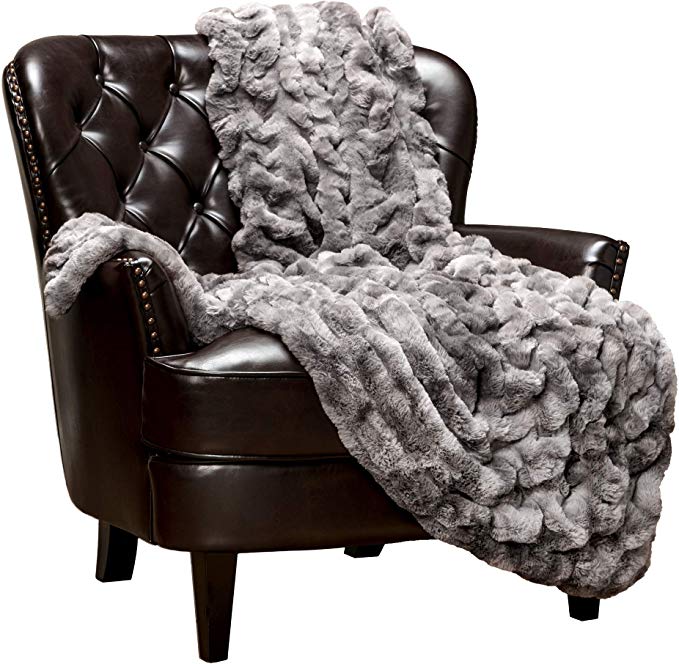 Chanasya Ruched Royal Luxurious Faux Fur Throw Blanket - Super Soft Fuzzy Warm Cozy Plush Fluffy Elegant Blanket for Sofa Chair Couch Bed with Reversible Silky Velvet Throw Blanket- 50x65- Dark Gray