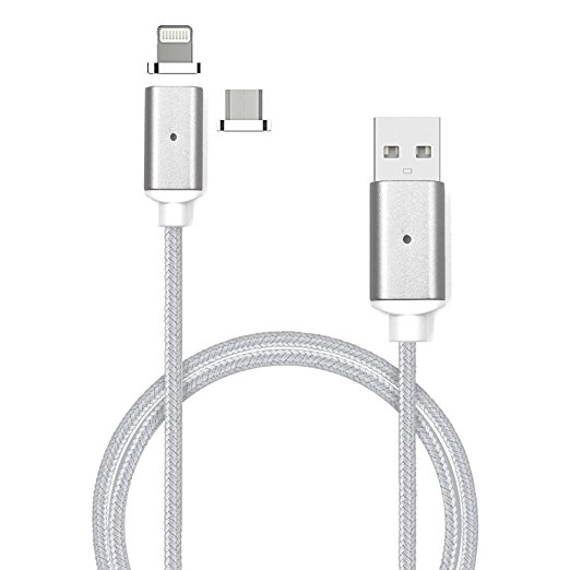 Garas USB Metal Magnetic Data Cable, Micro USB & Lighting Interface 2 in 1 for iOS & Android Systems, for iPhone 6s, 7, 7 Plus, iPad Pro, Air 3, Huawei, Charging & Data Transmission USB Cable (Silver)