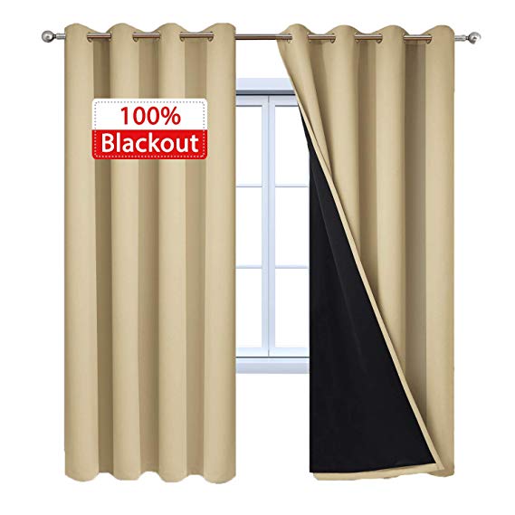 Yakamok 100% Blackout Curtains Thermal Insulated Room Darkening Black Lined Curtains Heat Blocking Drapes for Living Room(52Wx96L, Beige, 2 Panels)