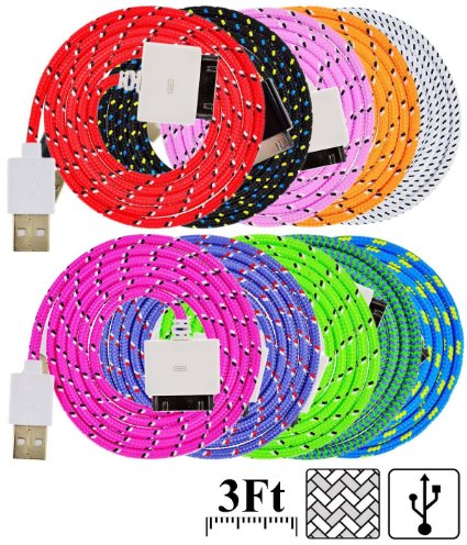 UNISAME [Pack of 10Pcs] Premium 10 Colors 3Ft 1Meter Rugged Nylon Braided 30 Pin USB Charging & Sync Data Cable Charger Cord for iPhone 4 4S 3GS 3G, iPad 2, iPad 3, iPod Touch 1/2/3/4 (Black, Red, Blue, Purple, Pink, Green, Orange, Hot Pink, Light Green, White)