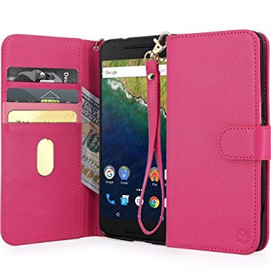 Nexus 6P Case, MP-Mall [Kickstand Function] [Card Slot] Premium PU Leather Folio Flip Wallet Case Cover With Wrist Strap For Huawei Google Nexus 6P (Hot Pink)
