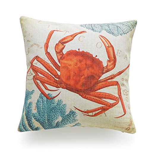 Hofdeco Decorative Throw Pillow Cover HEAVY WEIGHT Cotton Linen Vintage Caribbean Sea Life Crab Coral 18"x18" 45cm x 45cm