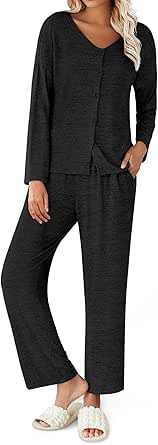 Ekouaer Womens Pajama Sets Button Up Long Sleeve Pjs Ribbed Knit Soft Lounge Set 2 Piece Sleepwear with Pockets