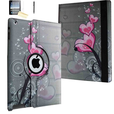 iPad 2/3/4 Case - JYtrend (TM) 360 Degrees Rotating Stand Leather Magnetic Smart Cover Case With Wake Sleep Feature For iPad 2/iPad 3/iPad 4, With Free Screen Protector, Stylus and Cleaning Cloth, Pink Heart Flower