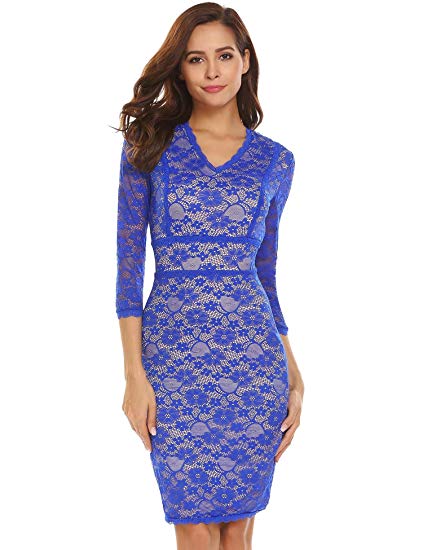 ANGVNS Women's 3/4 See Through Sleeve V Neck Lace Dress Clubwear Dress