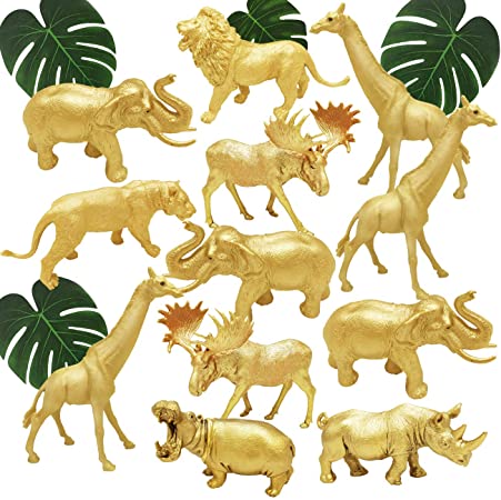 BOLZRA Metallic Gold Plastic Animal Figurines Toys, 12PCS Jumbo Safari Zoo Animal Figures, Jungle Wild Animals with Elephant, Lion, Giraffe for Baby Shower Decor, Safari Themed Birthday Party